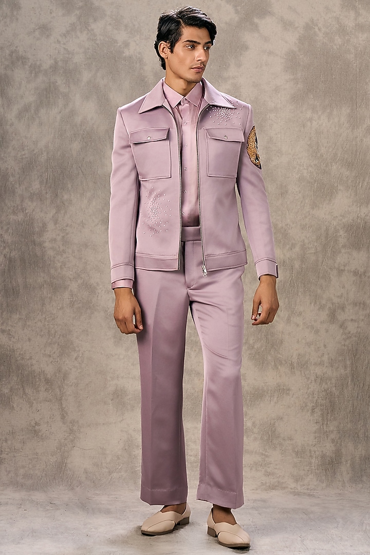 Purple Blended Rayon Printed & Stone Work Jacket Set by Twamev at Pernia's Pop Up Shop