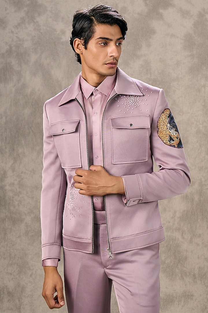 Purple Blended Rayon Printed & Stone Work Jacket Set by Twamev at Pernia's Pop Up Shop