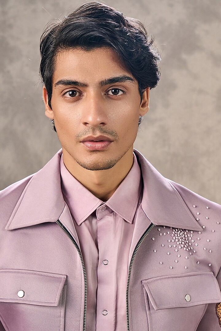 Purple Blended Rayon Printed & Stone Work Jacket Set by Twamev at Pernia's Pop Up Shop