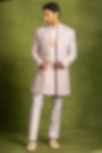 Beige Georgette Thread Embroidered Wedding Indowestern Set by Twamev at Pernia's Pop Up Shop