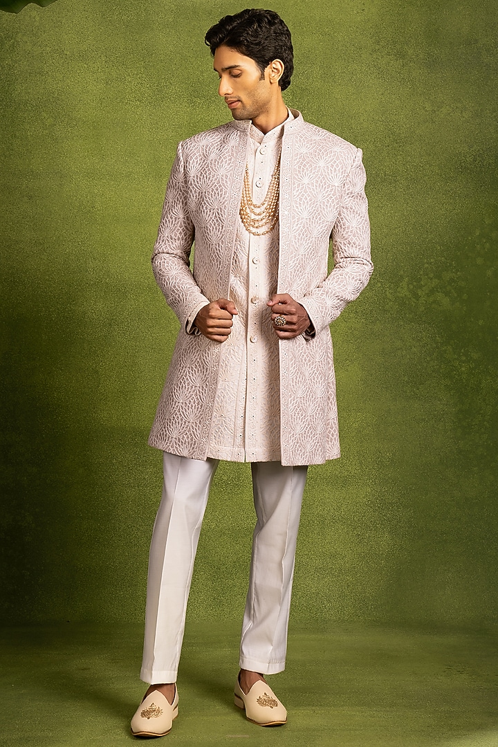 Beige Georgette Thread Embroidered Wedding Indowestern Set by Twamev at Pernia's Pop Up Shop