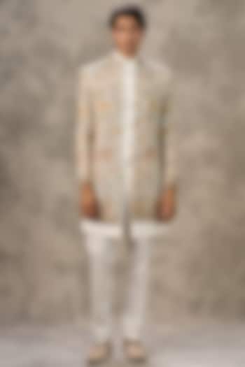 Cream Art Silk Thread Embroidered Wedding Indowestern Set by Twamev at Pernia's Pop Up Shop