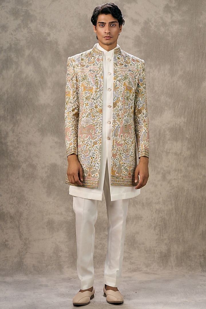 Cream Art Silk Thread Embroidered Wedding Indowestern Set by Twamev at Pernia's Pop Up Shop