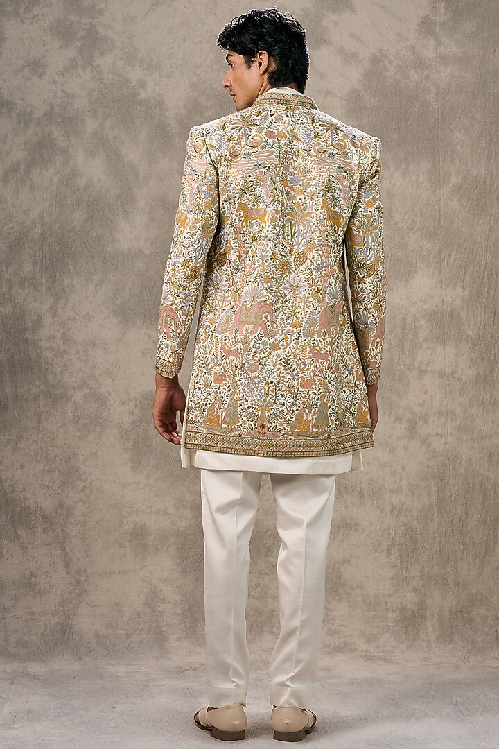 Cream Art Silk Thread Embroidered Wedding Indowestern Set by Twamev at Pernia's Pop Up Shop