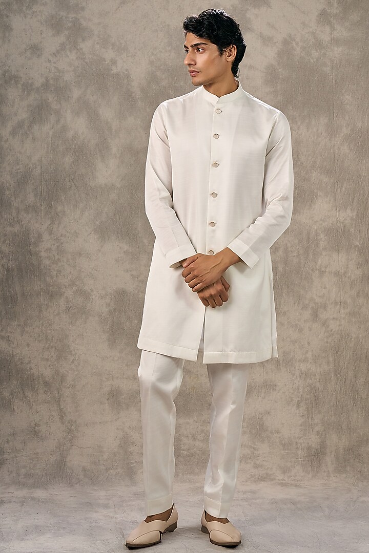 Cream Art Silk Thread Embroidered Wedding Indowestern Set by Twamev at Pernia's Pop Up Shop
