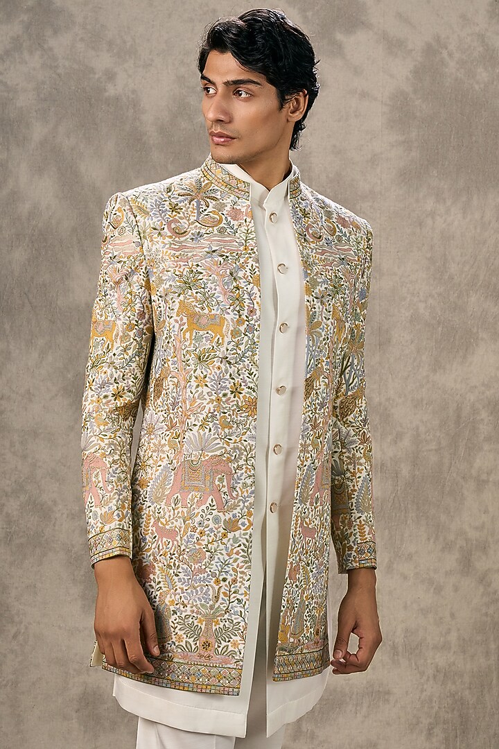 Cream Art Silk Thread Embroidered Wedding Indowestern Set by Twamev at Pernia's Pop Up Shop