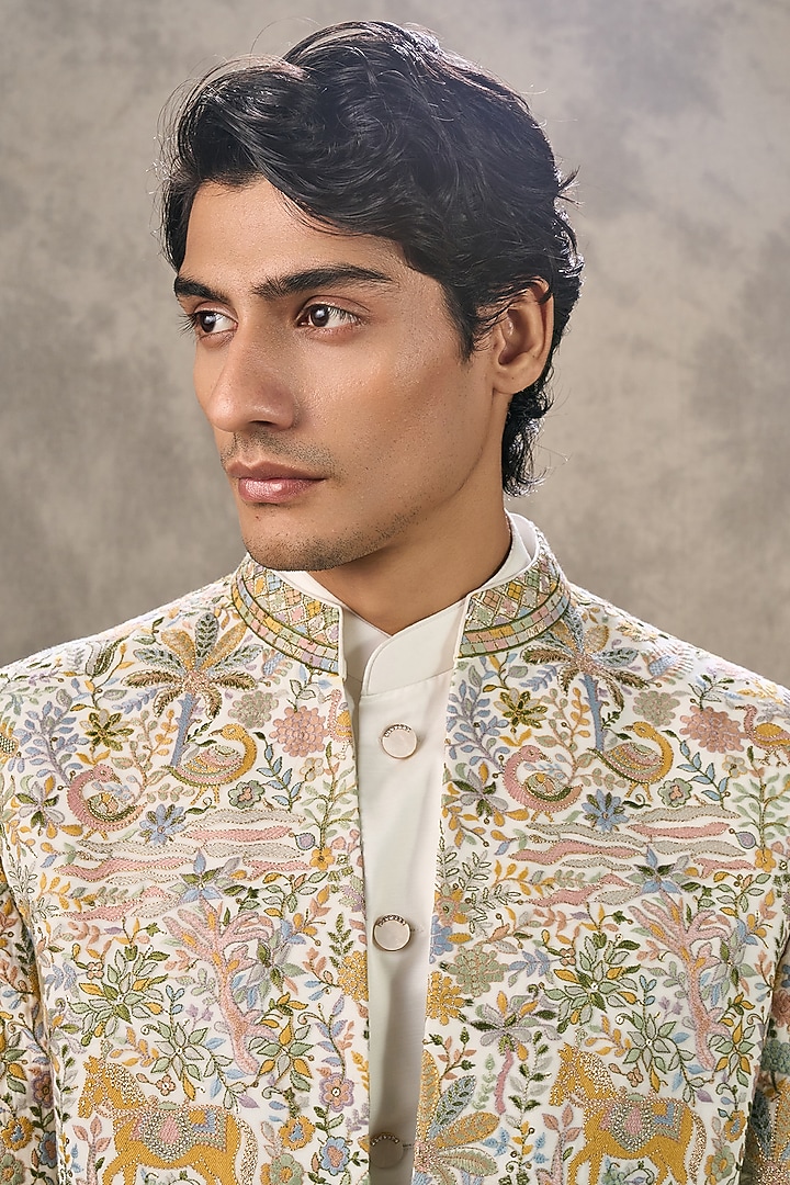 Cream Art Silk Thread Embroidered Wedding Indowestern Set by Twamev at Pernia's Pop Up Shop