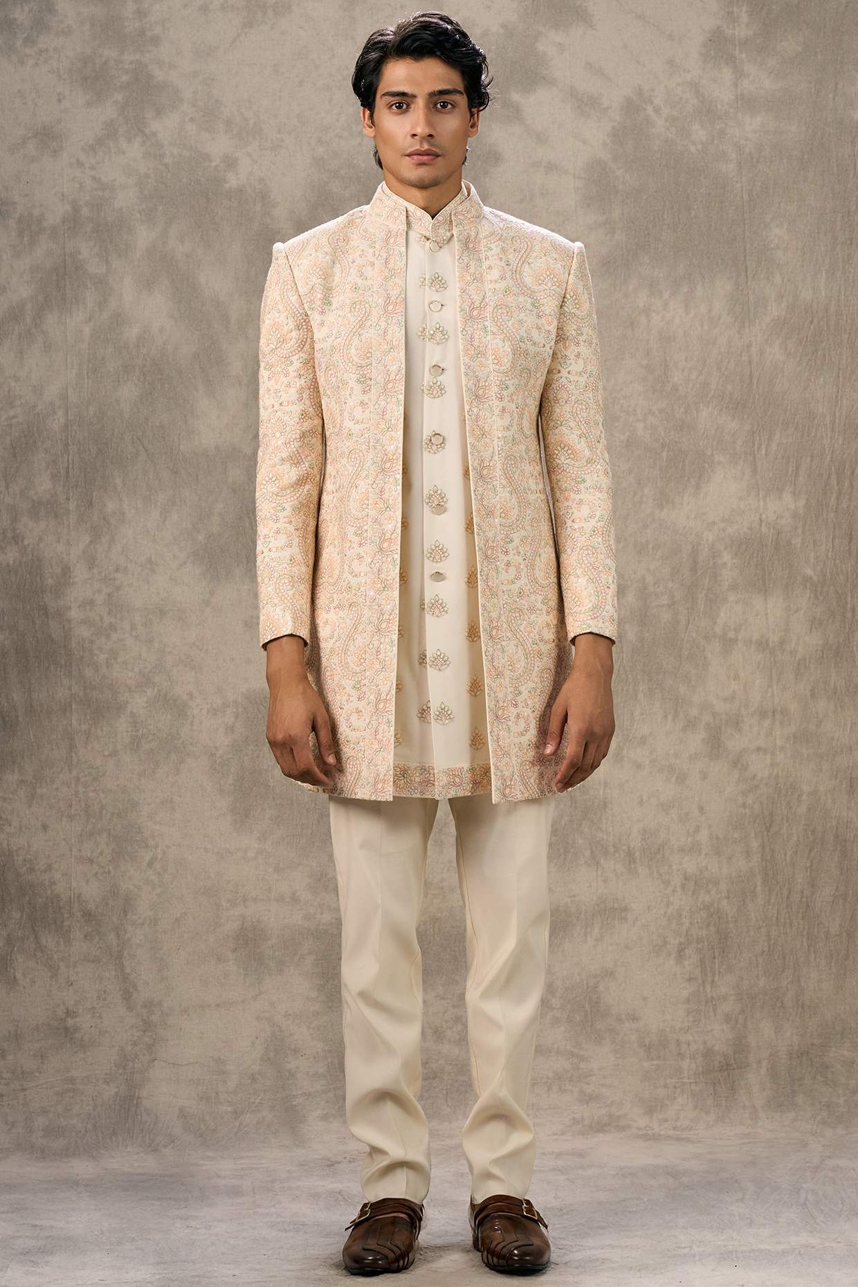 Twamev Cream Art Silk Thread Embroidered Indowestern Set