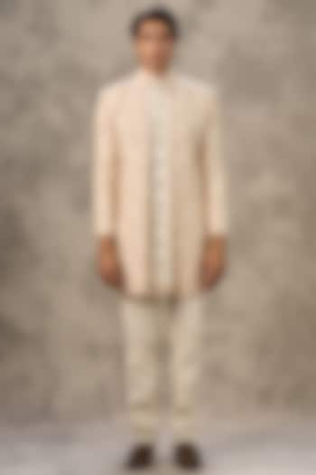 Cream Art Silk Thread Embroidered Wedding Indowestern Set by Twamev at Pernia's Pop Up Shop