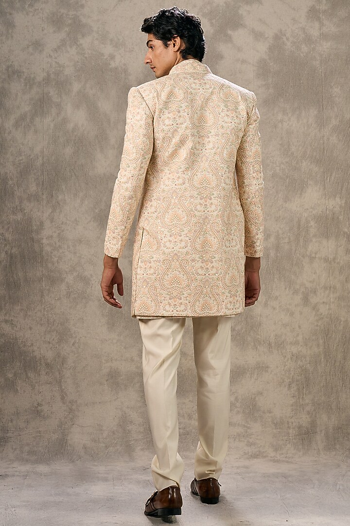 Cream Art Silk Thread Embroidered Wedding Indowestern Set by Twamev at Pernia's Pop Up Shop