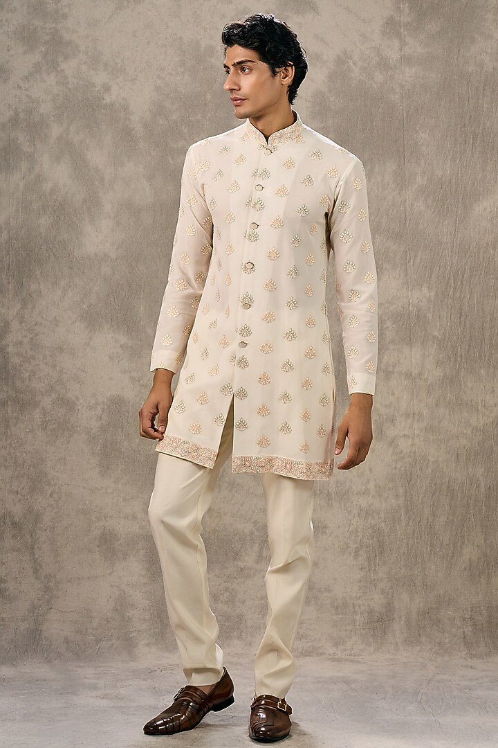 Cream Art Silk Thread Embroidered Wedding Indowestern Set by Twamev at Pernia's Pop Up Shop