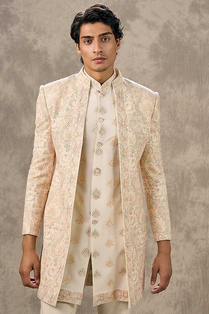 Cream Art Silk Thread Embroidered Wedding Indowestern Set by Twamev at Pernia's Pop Up Shop