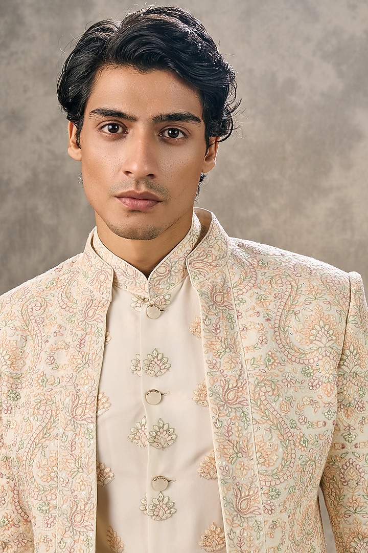 Cream Art Silk Thread Embroidered Wedding Indowestern Set by Twamev at Pernia's Pop Up Shop