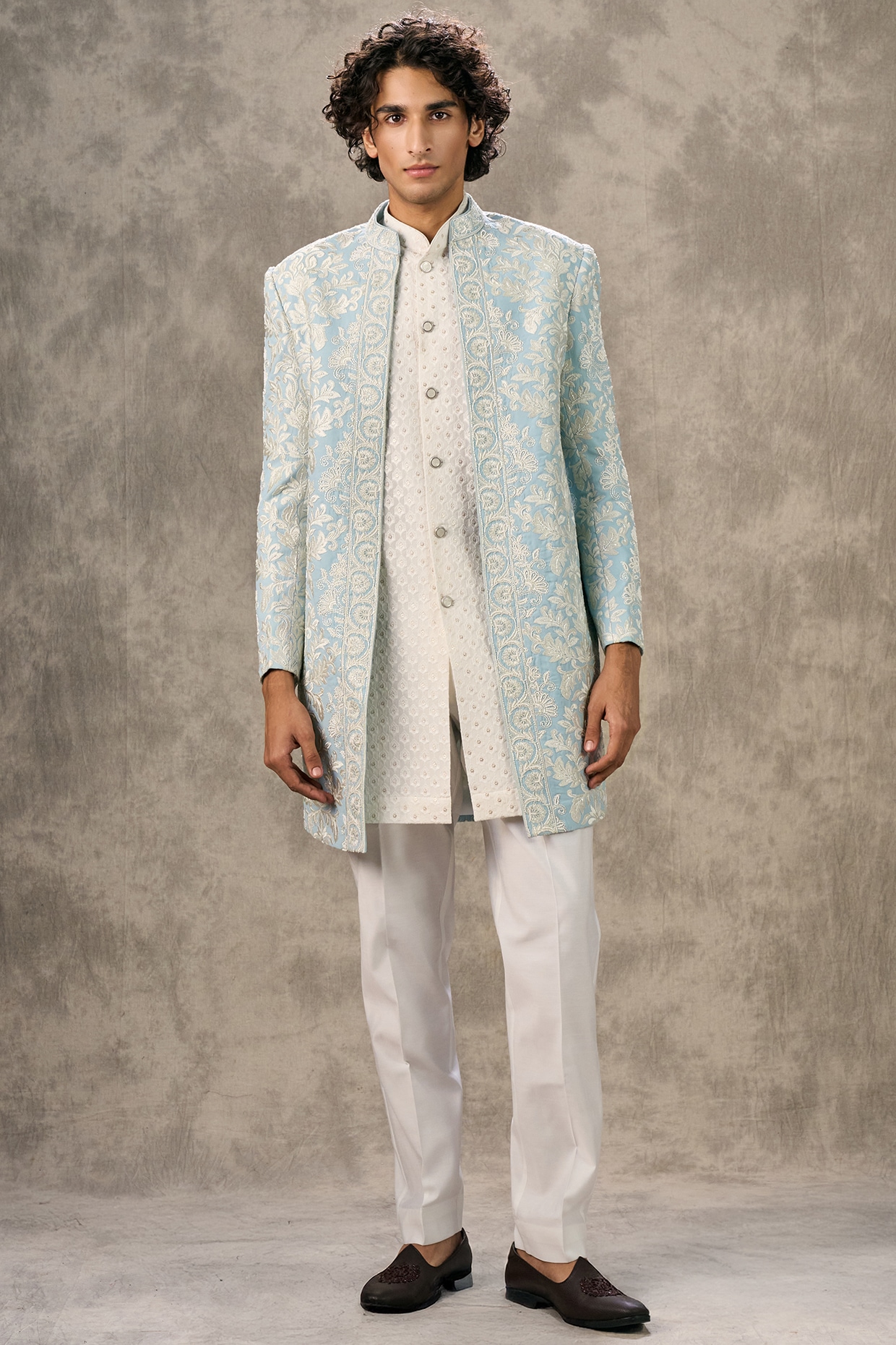 Twamev Blue Georgette Thread Embroidered Indowetern Set