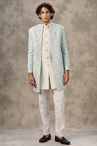 Blue Georgette Thread Embroidered Indowetern Set by Twamev
