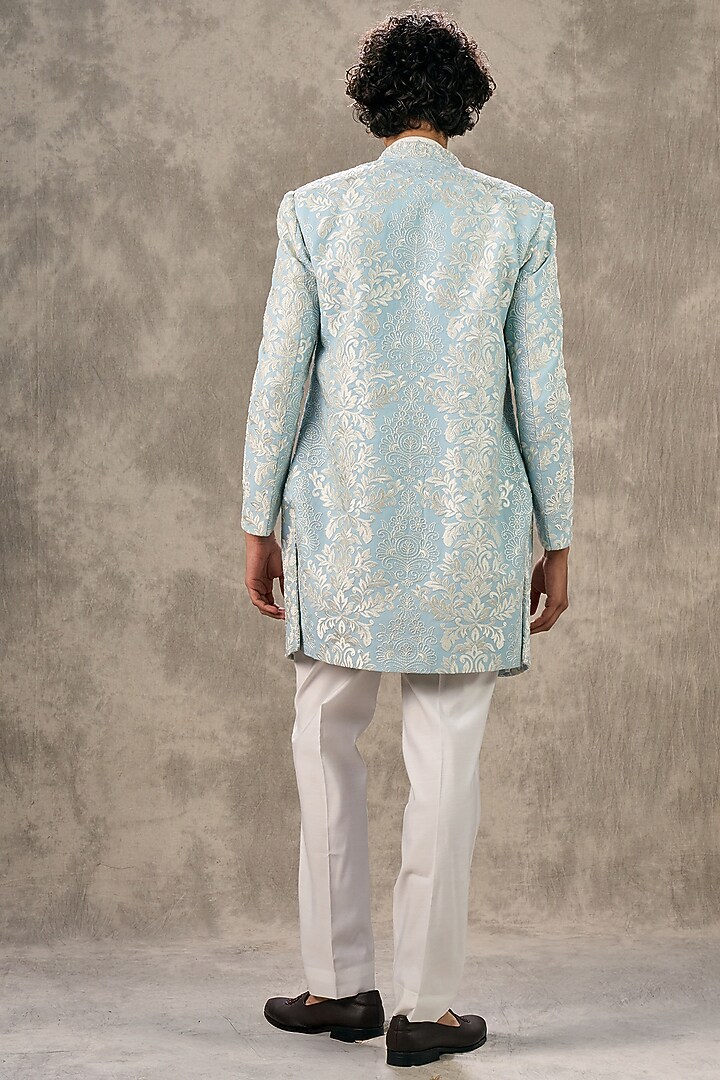 Blue Georgette Thread Embroidered Indowetern Set by Twamev at Pernia's Pop Up Shop