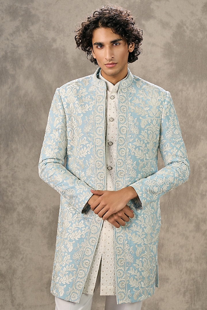 Blue Georgette Thread Embroidered Indowetern Set by Twamev at Pernia's Pop Up Shop
