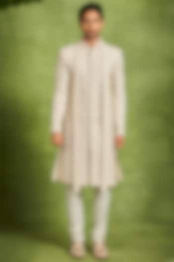 Beige Art Silk Thread Embroidered Wedding Sherwani Set by Twamev at Pernia's Pop Up Shop