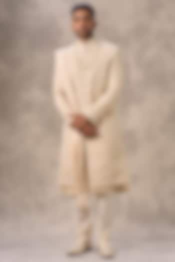 Fawn-Colored Art Silk Thread Embroidered Wedding Sherwani Set by Twamev at Pernia's Pop Up Shop