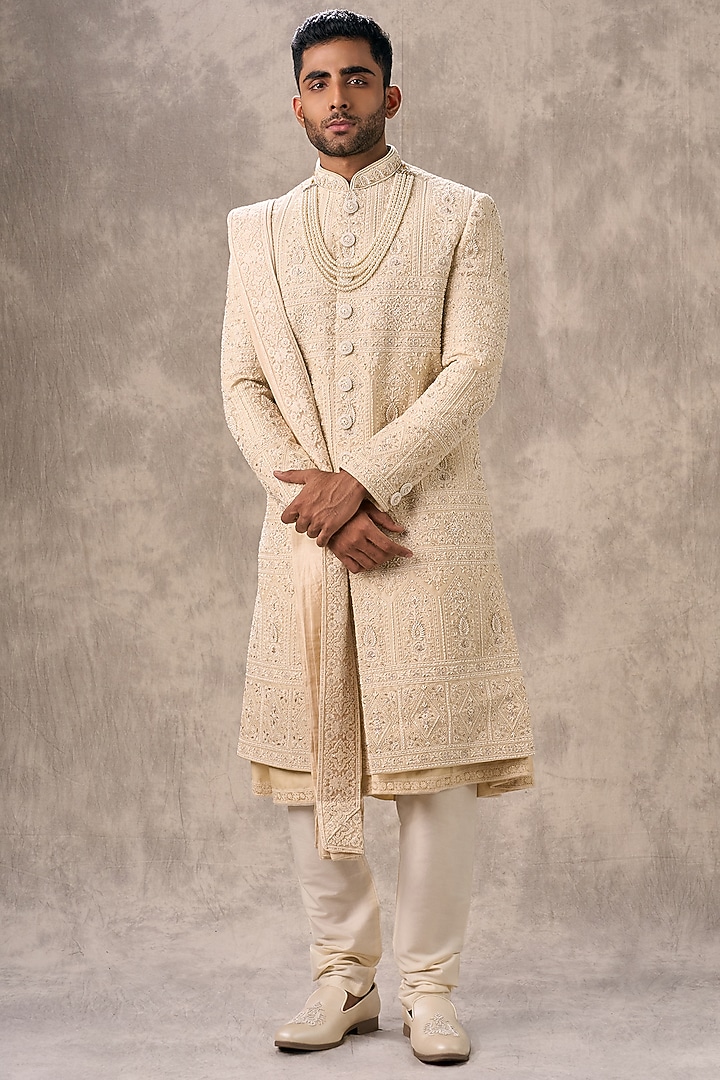 Fawn-Colored Art Silk Thread Embroidered Wedding Sherwani Set by Twamev at Pernia's Pop Up Shop