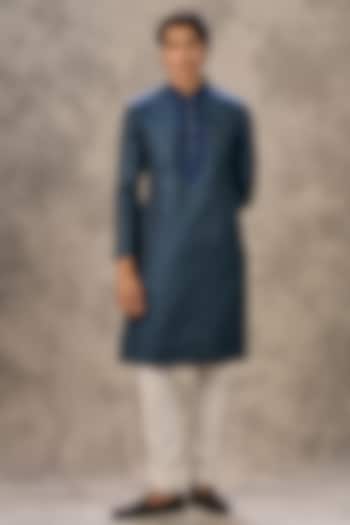 Dark Blue Brocade Thread Embroidered Kurta Set by Twamev at Pernia's Pop Up Shop