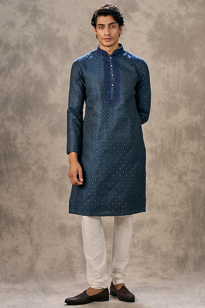 Dark Blue Brocade Thread Embroidered Kurta Set by Twamev at Pernia's Pop Up Shop