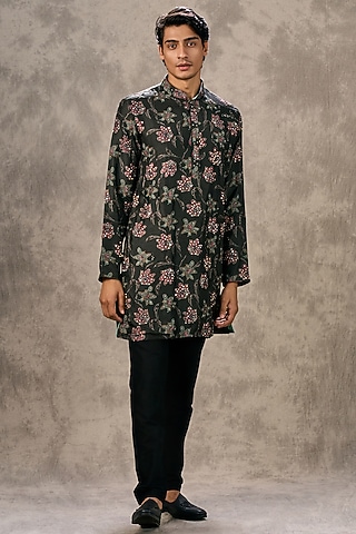 Dark Grey Blended Viscose Printed & Sequins Work Kurta Set by Twamev