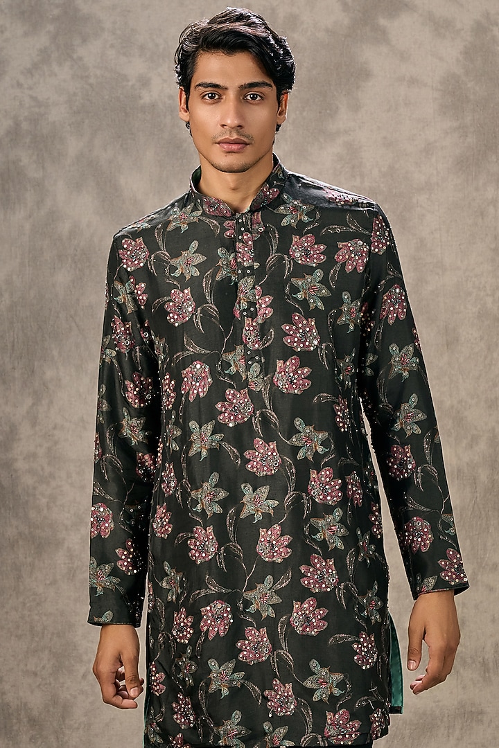 Dark Grey Blended Viscose Printed & Sequins Work Kurta Set by Twamev at Pernia's Pop Up Shop