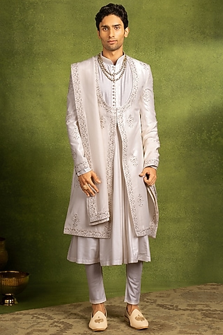 Cream Art Silk Thread Embroidered Sherwani Set by Twamev