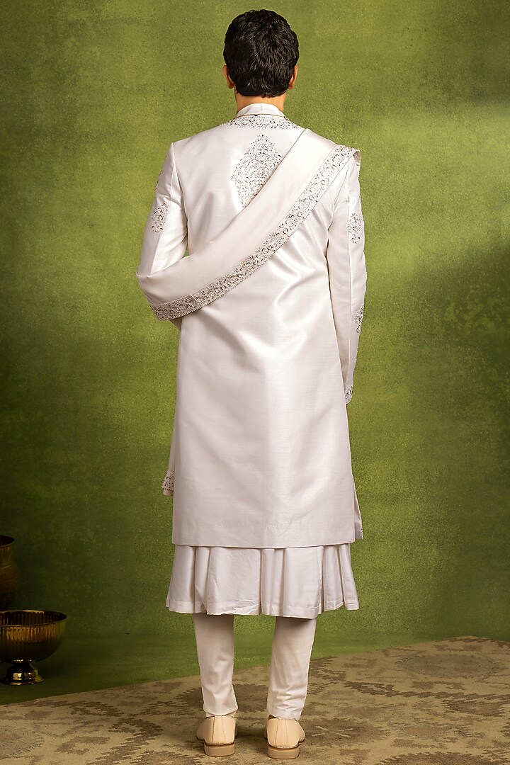Cream Art Silk Thread Embroidered Groom Sherwani Set by Twamev at Pernia's Pop Up Shop