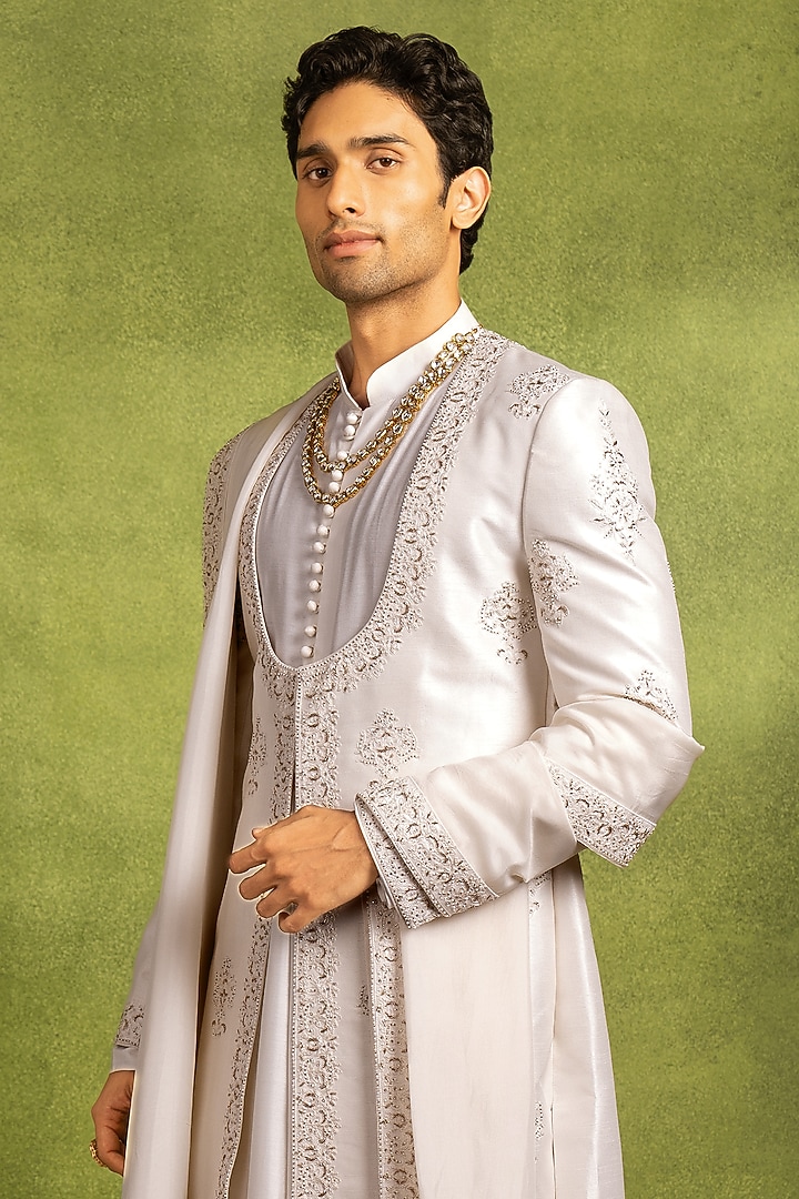 Cream Art Silk Thread Embroidered Groom Sherwani Set by Twamev at Pernia's Pop Up Shop