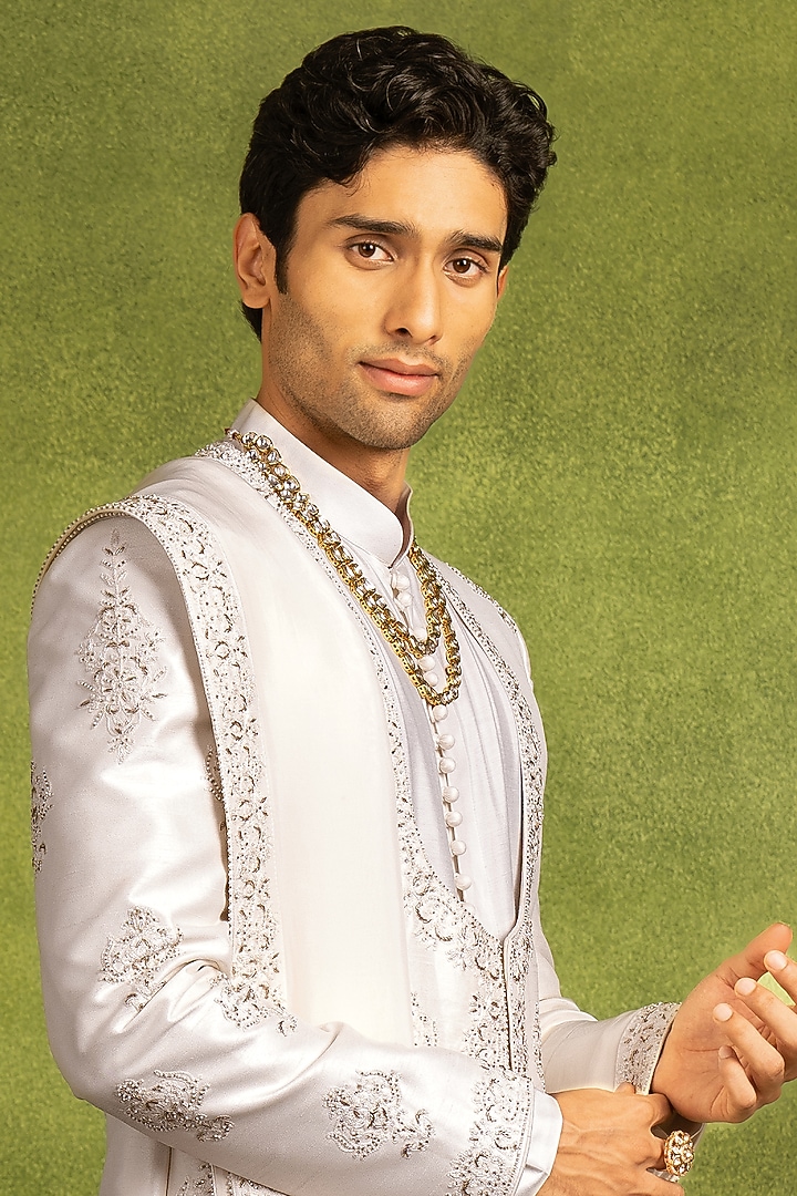 Cream Art Silk Thread Embroidered Groom Sherwani Set by Twamev at Pernia's Pop Up Shop