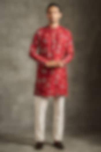 Red Blended Viscose Printed & Sequins Work Kurta Set by Twamev at Pernia's Pop Up Shop