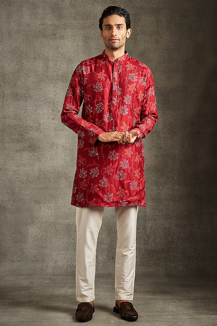 Red Blended Viscose Printed & Sequins Work Kurta Set by Twamev at Pernia's Pop Up Shop