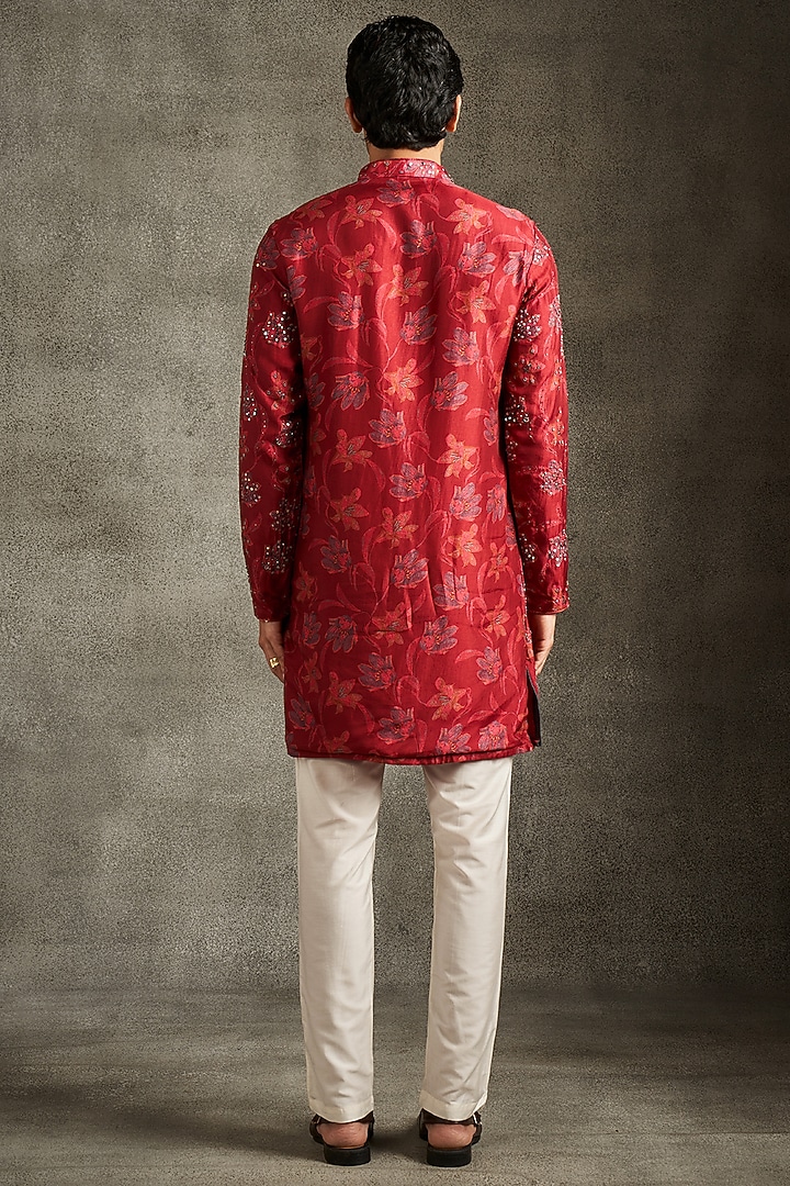 Red Blended Viscose Printed & Sequins Work Kurta Set by Twamev at Pernia's Pop Up Shop