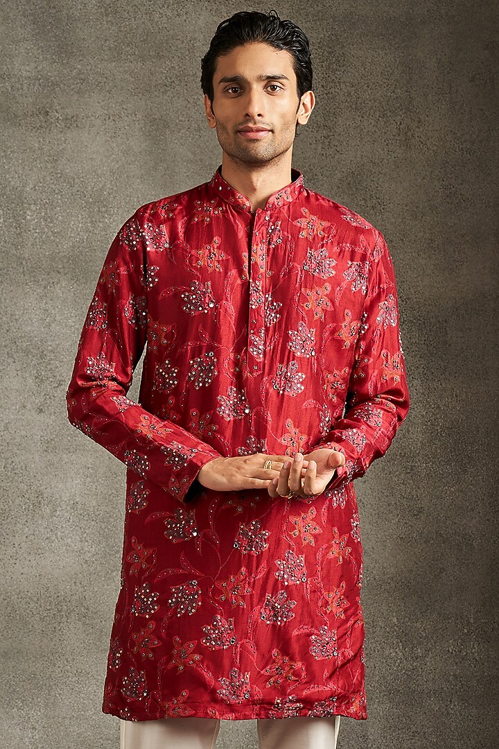 Red Blended Viscose Printed & Sequins Work Kurta Set by Twamev at Pernia's Pop Up Shop