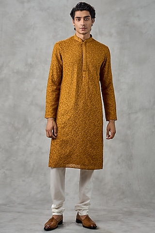 Golden Mustard Georgette Embroidered Kurta Set by Twamev