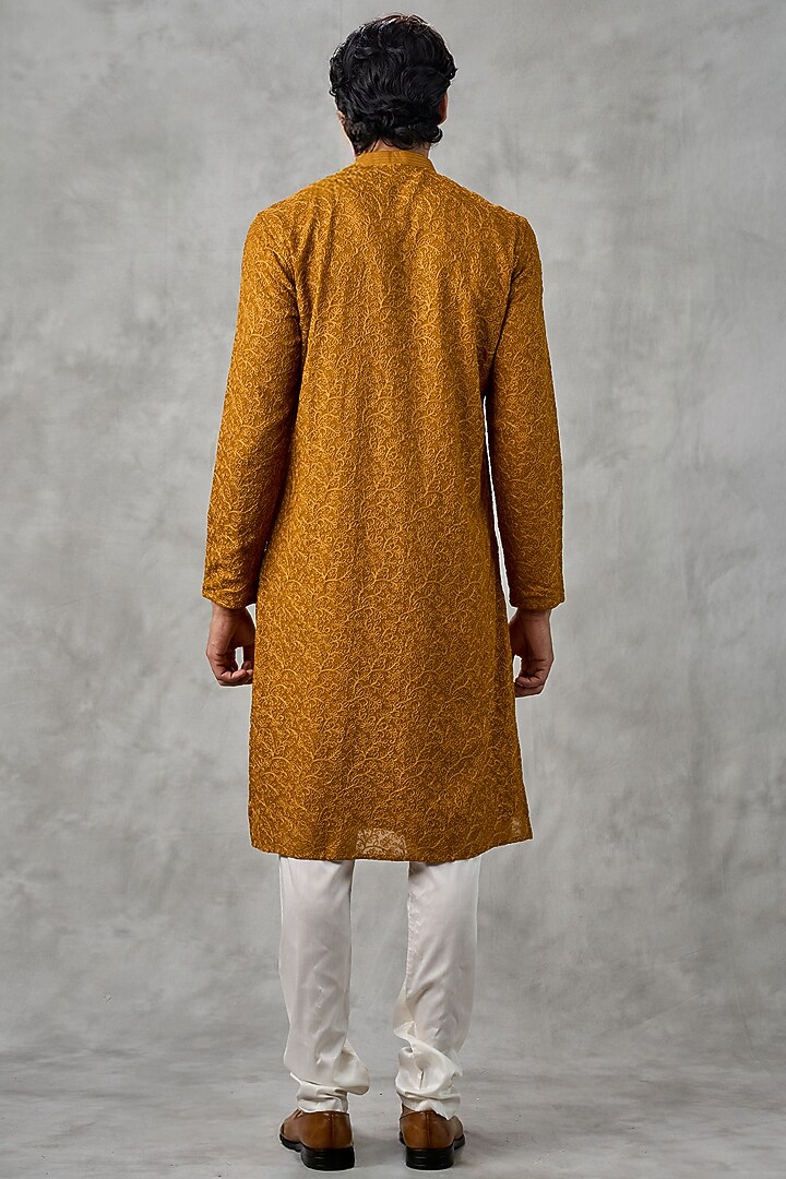 Golden Mustard Georgette Embroidered Kurta Set by Twamev at Pernia's Pop Up Shop