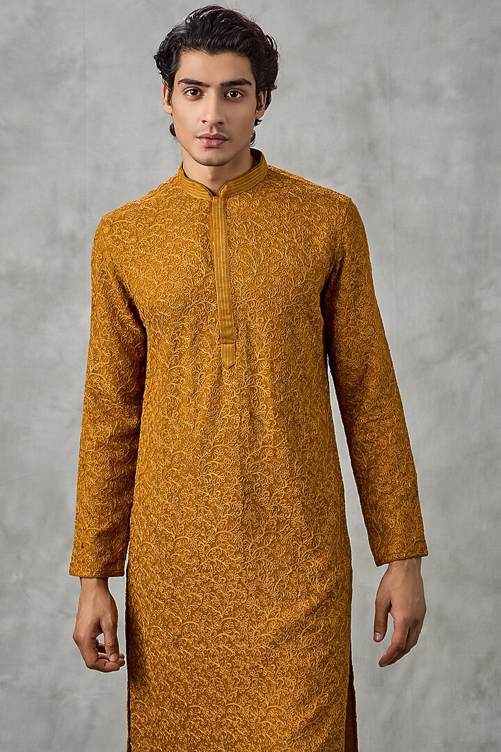 Golden Mustard Georgette Embroidered Kurta Set by Twamev at Pernia's Pop Up Shop