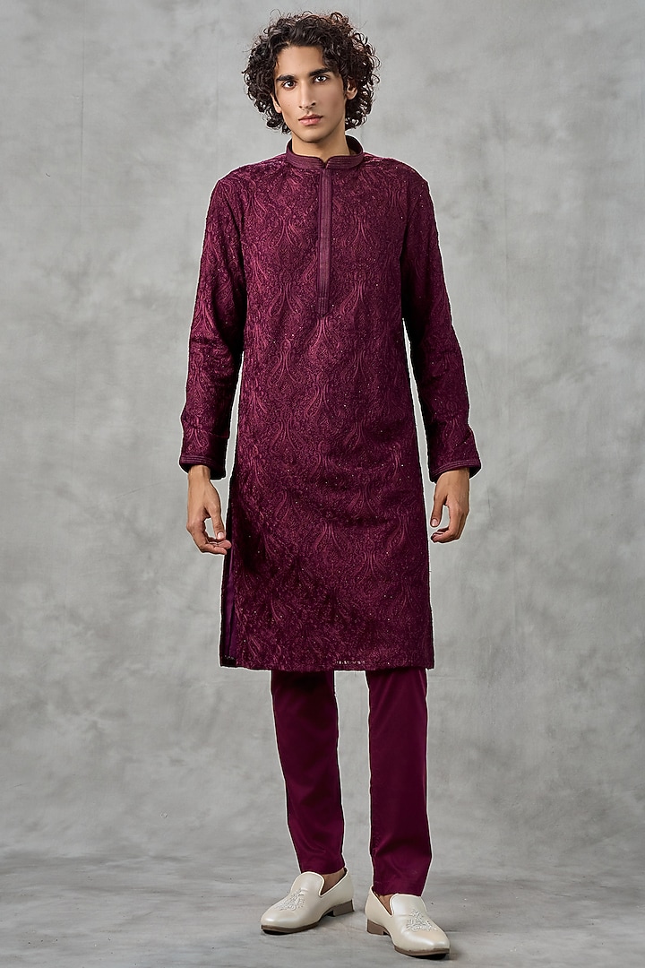 Wine Georgette Thread Embroidered Kurta Set by Twamev at Pernia's Pop Up Shop