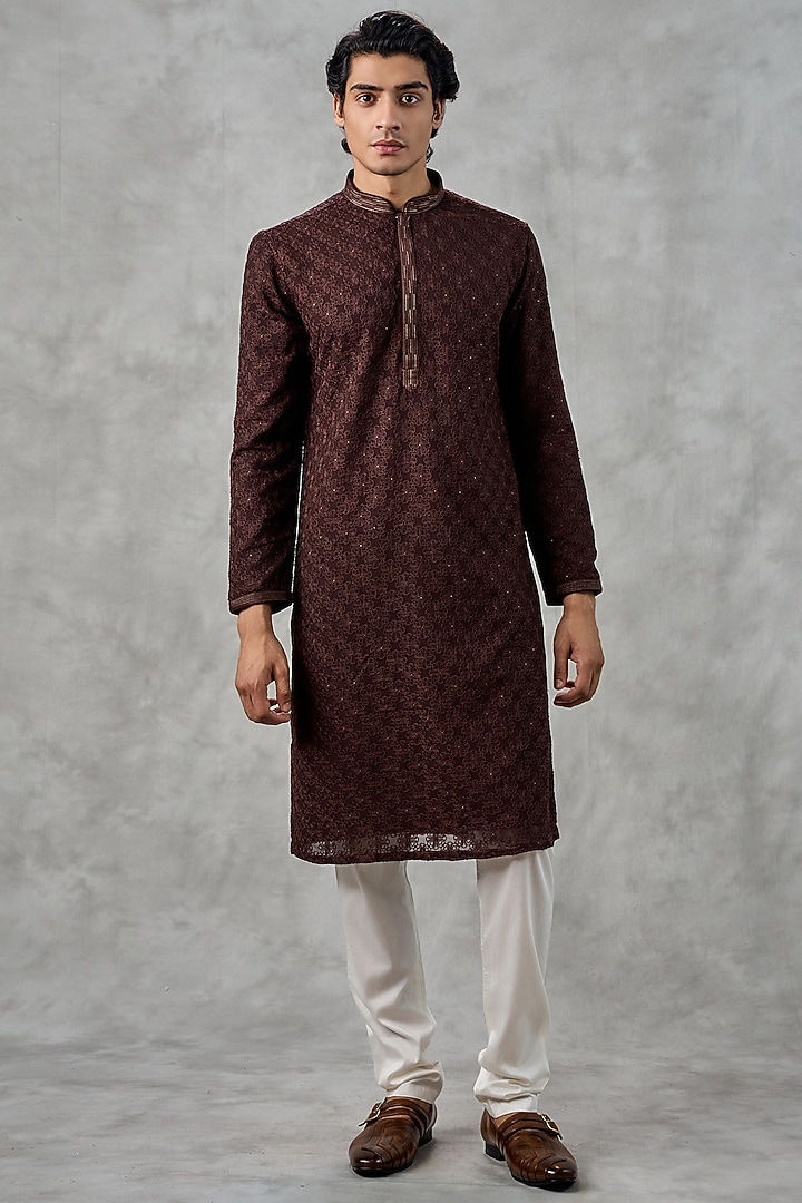 Brown Georgette Thread Embroidered Kurta Set by Twamev at Pernia's Pop Up Shop