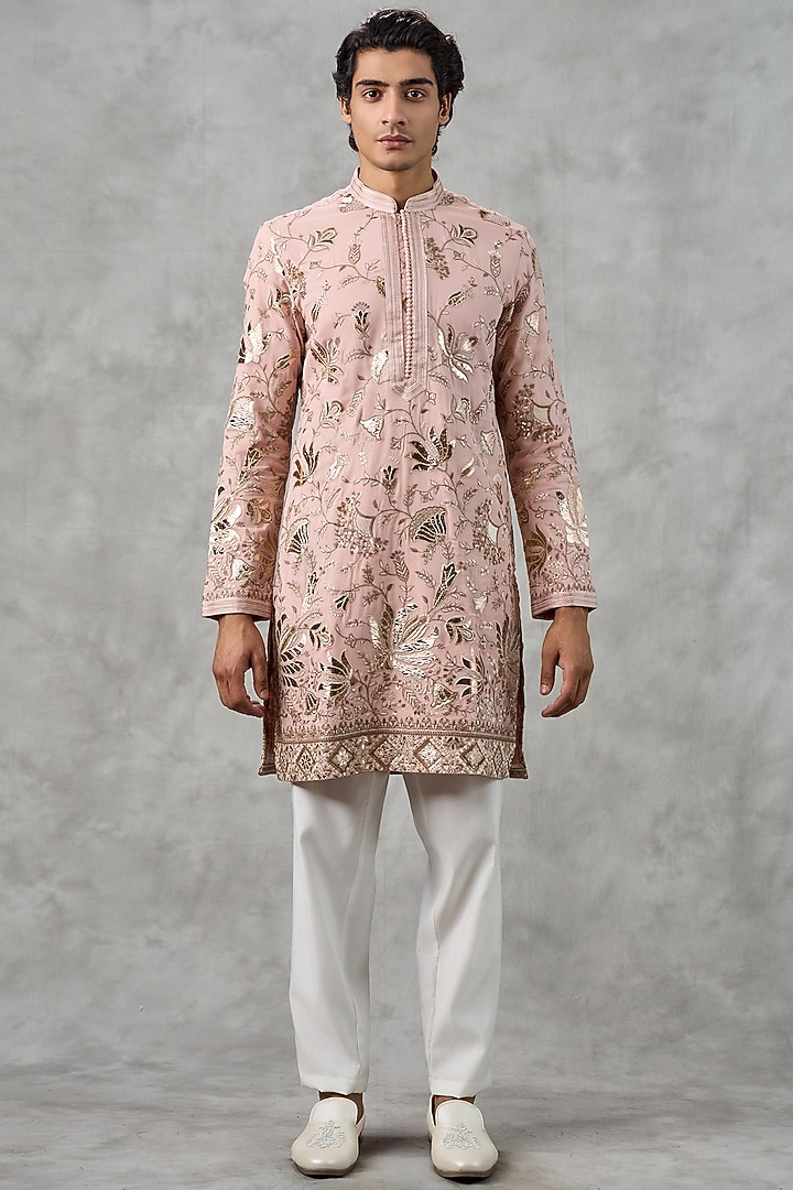 Dusty Pink Brocade Thread Embroidered Kurta Set by Twamev at Pernia's Pop Up Shop