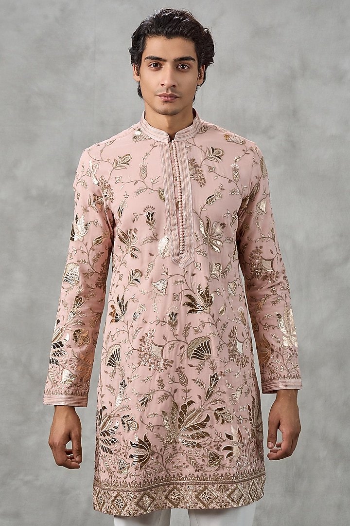 Dusty Pink Brocade Thread Embroidered Kurta Set by Twamev at Pernia's Pop Up Shop
