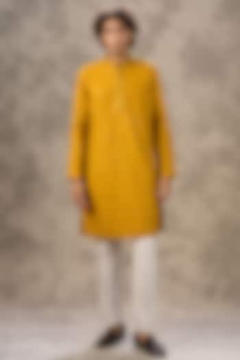 Mustard Yellow Art Silk Thread Embroidered Kurta Set by Twamev at Pernia's Pop Up Shop