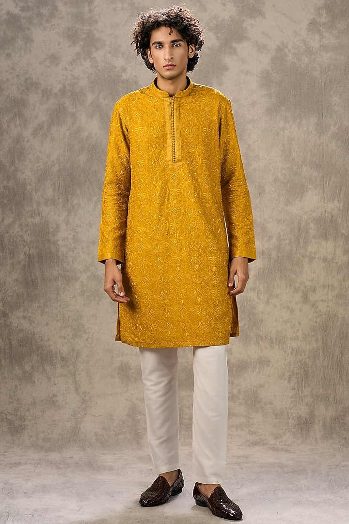 Mustard Yellow Art Silk Thread Embroidered Kurta Set by Twamev at Pernia's Pop Up Shop