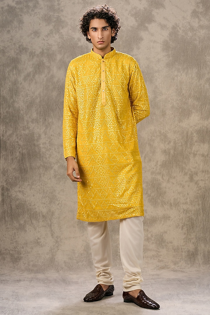 Sunlit Yellow Georgette Mirror Work Kurta Set by Twamev at Pernia's Pop Up Shop