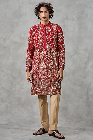 Red Georgette Thread Embroidered Kurta Set by Twamev