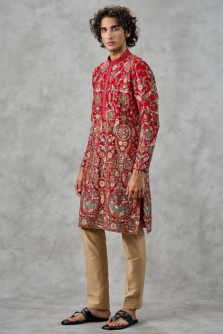 Red Georgette Thread Embroidered Kurta Set by Twamev at Pernia's Pop Up Shop