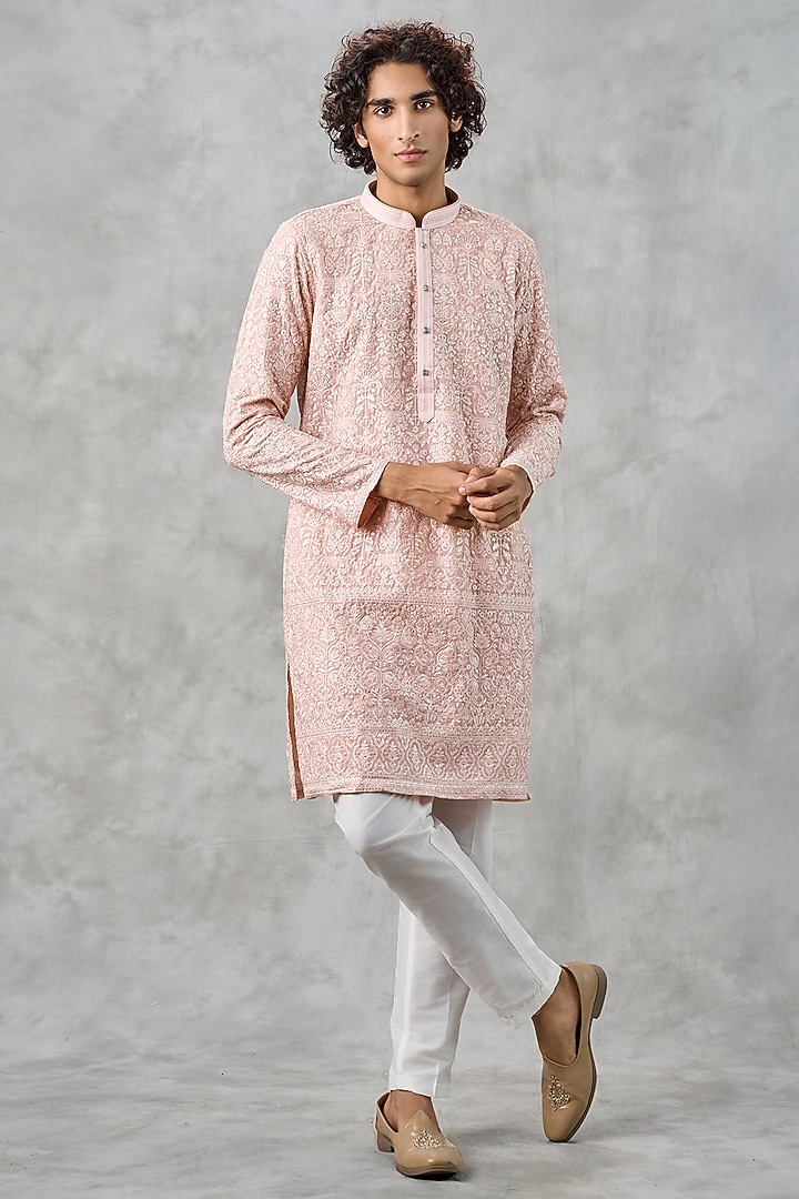Peach Georgette Thread Embroidered Kurta Set by Twamev at Pernia's Pop Up Shop