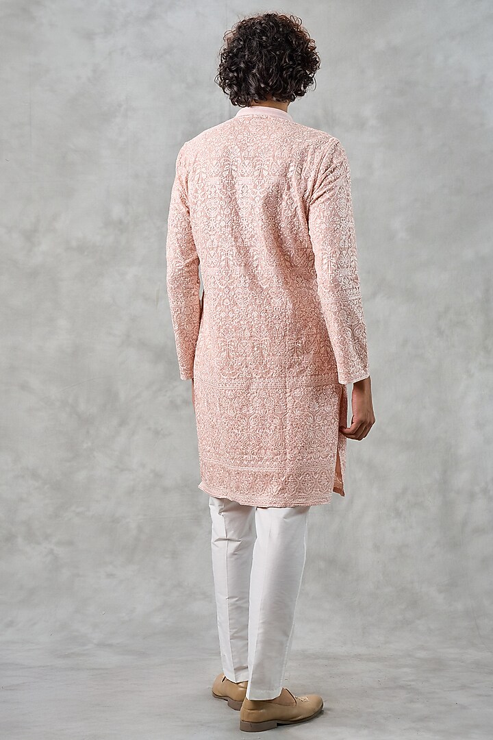 Peach Georgette Thread Embroidered Kurta Set by Twamev at Pernia's Pop Up Shop